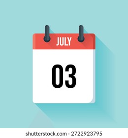 Una Imagen de diseño plano de un calendario de julio que muestra el tercer día del mes.
