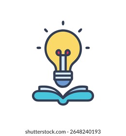 A flat design image showing a lightbulb above an open book against black. Symbolizes education, knowledge and creativity.