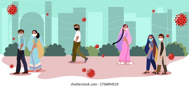 Flat design indian peoples wearing mask when go outside to protect form virus and pollution. Vector of asian social. Illustration beautiful costume and dress.