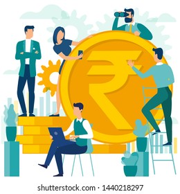 Flat Design Indian Rupee Vector Illustration Of People Are Making Money. Vector Flat Template For  Financial Services, Bankers Are Engaged In Work, Saving Or Accumulating Money, Investment An Savings.