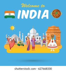 Flat design, Indian's icons and landmarks, vector