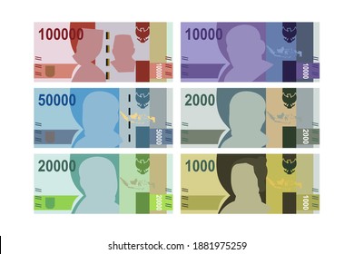 Flat Design of Indonesian Rupiah and different values. Isolated Vector illustration 