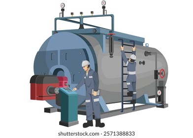 Flat design Industrial Boiler Maintenance Service and Technician working. isolated and White Background.