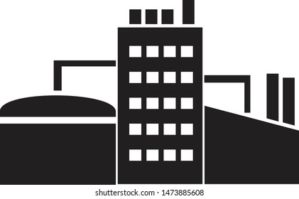 Flat design industrial building icon isolated on white background. Nuclear plant and factory building. Vector illustration