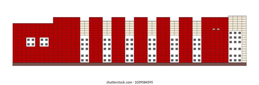 Flat design industrial building side view. Vector isolated mall exterior.