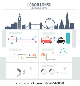 Flat design infographic featuring London skyline and transport icons