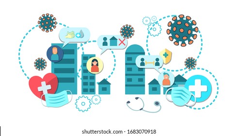 flat design infographic illustration conceptual of Coronavirus covid-19 self-quarantine, stay at home, and do social distancing and make sure your hands always clean.