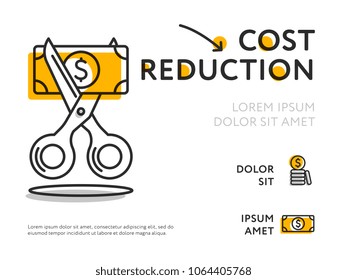 Flat design of infographic poster with scissors cutting money bill showing cost value loss. 