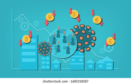 la infografía de diseño plano muestra el efecto de la ruptura del Coronavirus hacia la crisis financiera y de negocios global como símbolo de moneda de moneda icono con flecha abajo 