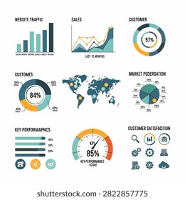 Flat design infographic showing website traffic sales customer market growth and satisfaction metrics