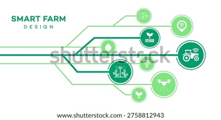 Flat design infographic visualizing smart farm technology, including irrigation, drone spraying, IoT connectivity, and digital management for modern agricultural solutions.