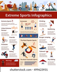 Flat design infographics presenting information about popular and most traumatic extreme sports vector illustration