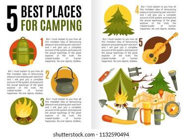 Flat design infographics with text field presenting information about best camping places and necessary equipment vector illustration