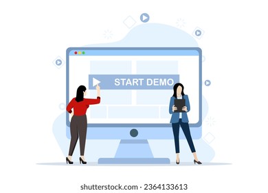 Flat design of initial demo concept. Involves a paid demo of an app or website. The phone screen displays clear content with a prominent demo start button. in-depth user experience and trial period.
