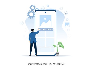 Flat design of initial demo concept. Involves a paid demo of an app or website. The phone screen displays clear content with a prominent demo start button. in-depth user experience and trial period.