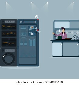 Flat design of intelligence technology,Young man had AI consulted him for cooking,internet of things concept - vector Illustration