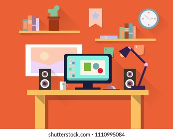 Flat design interior concept of work place with computer, laptop, lamp, to do list, working programs, organizer, books, and cup of coffee on orange wall background Vector illustration.