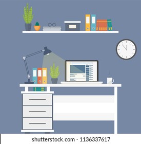 Flat design interior concept of work place with laptop, lamp, to do list, working programs on monitor, organizer, shelf, books, and cup of coffee on blue wall background