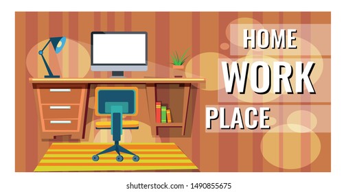 Flat design interior concept of work place with computer, laptop, lamp, to do list, working programs on monitor, organizer, shelf, books
