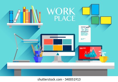 Flat design interior concept of work place with computer, laptop, lamp, to do list, working programs on monitor, organizer, shelf, books, and cup of coffee on blue wall background
