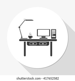 Flat design interior concept of work place with computer, monitor, lamp and cup of coffee.