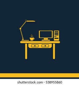 Flat design interior concept of work place with computer, monitor, lamp and cup of coffee.