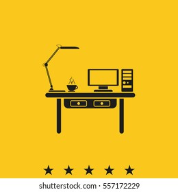 Flat design interior concept of work place with computer, monitor, lamp and cup of coffee.
