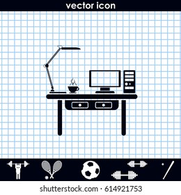 Flat design interior concept of work place with computer, monitor, lamp and cup of coffee.