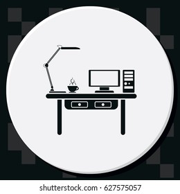 Flat design interior concept of work place with computer, monitor, lamp and cup of coffee.