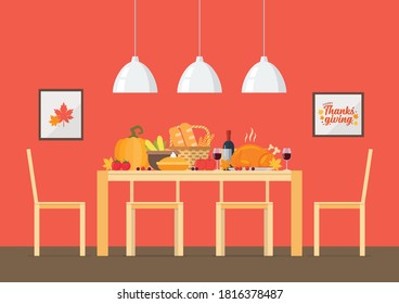 Flat Design Interior Dining Room. Vector Illustration