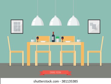 Flat Design Interior Dining Room. Vector Illustration