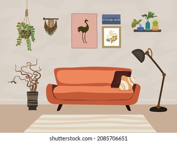 Flat design interior of living room with mock up photo frames, small plants in pots, sofa, lamp and accessories. Designed home decor. Bohemian style concept, indoor decoration.