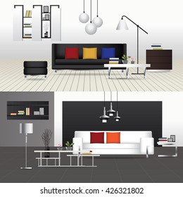 Flat Design Interior Living Room and Interior Furniture Vector Illustration