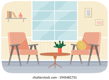 Flachdesign-Interieur. Planung und Anordnung der Möbel in der Wohnung. Wohnzimmer. Heimlicher Lebensstil. Stilhaus