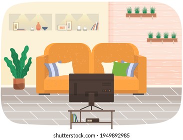 Flat design interior. Planning and arrangement of furniture in apartment. Living room. Home lifestyle. Style house