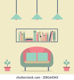 Flat Design Interior Vintage Sofa and Bookshelf