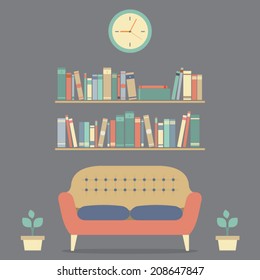 Flat Design Interior Vintage Sofa and Bookshelf