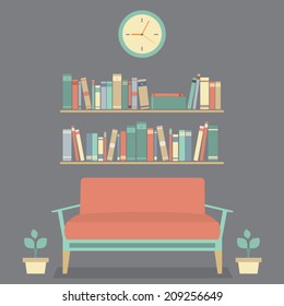 Flat Design Interior Vintage Sofa and Bookshelf