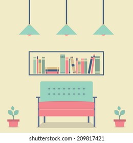 Flat Design Interior Vintage Sofa and Bookshelf