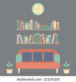Flat Design Interior Vintage Sofa and Bookshelf