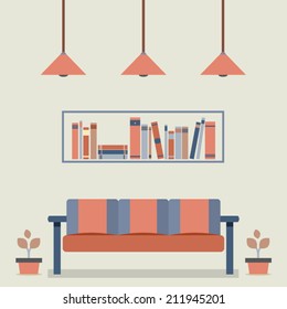 Flat Design Interior Vintage Sofa and Bookshelf