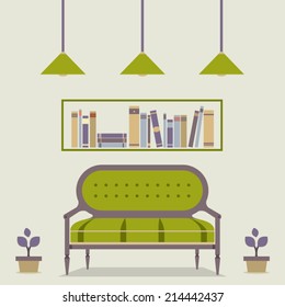 Flat Design Interior Vintage Sofa and Bookshelf