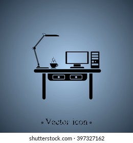 Flat design interior work place with computer, monitor, lamp and cup of coffee.