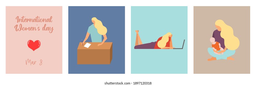 Flat design for International women’s day web banner. Mother’s Day. Minimal flat design women’s greeting card.