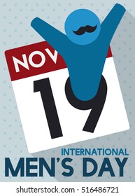 Flat design for International Men's Day with male pictogram symbol and mustache coming out from the loose-leaf calendar.