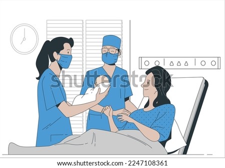 Flat design international midwives day illustration. A photo of mom, newborn and nurse - midwives. Modern Maternity Ward with Professional Obstetricians. Young female midwife.