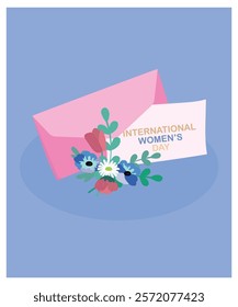  Flat Design International Women's Day Illustration with Envelope and Letter, Flowers