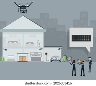 Flat design of internet of things concept, Young man checking his house from mobile application,smart home with internet of things technology make human life comfortable - vector illustration
