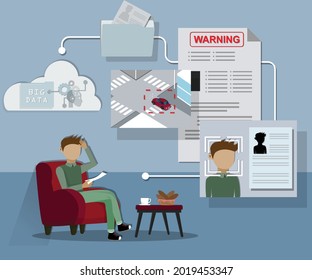 Flat design of internet of things concept,AI and cloud technology in human life,Police officer used data from cloud and sent the warning to the house - vector illustration