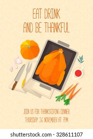 Flat design invitation card for Thanksgiving dinner. Typical festive dinner: roast turkey, cranberry sauce, pumpkin, vegetables. It can be used for menus, culinary blog, invitations to dinner.